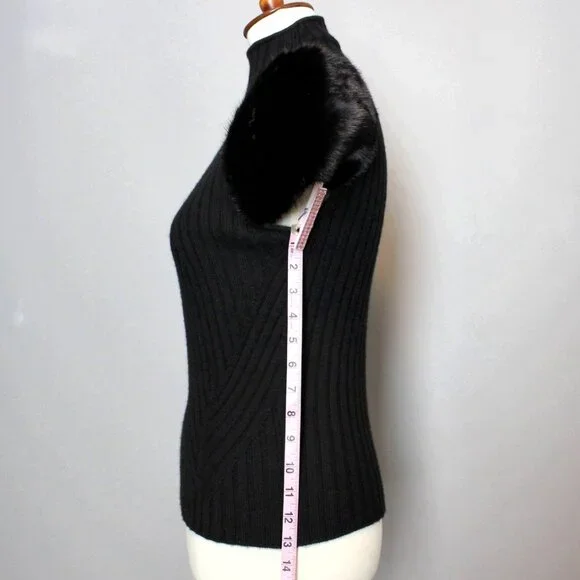 Valentino Black Cashmere Wool Sweater Genuine Fur Short Sleeve Mock neck Top